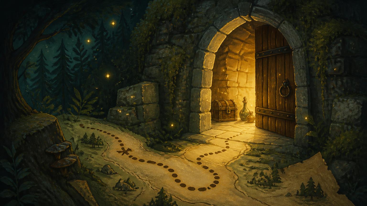 Illustrated open stone dungeon doorway at dusk with warm golden light spilling out, a small treasure chest and potion bottle at the threshold, and a dotted map trail winding away.